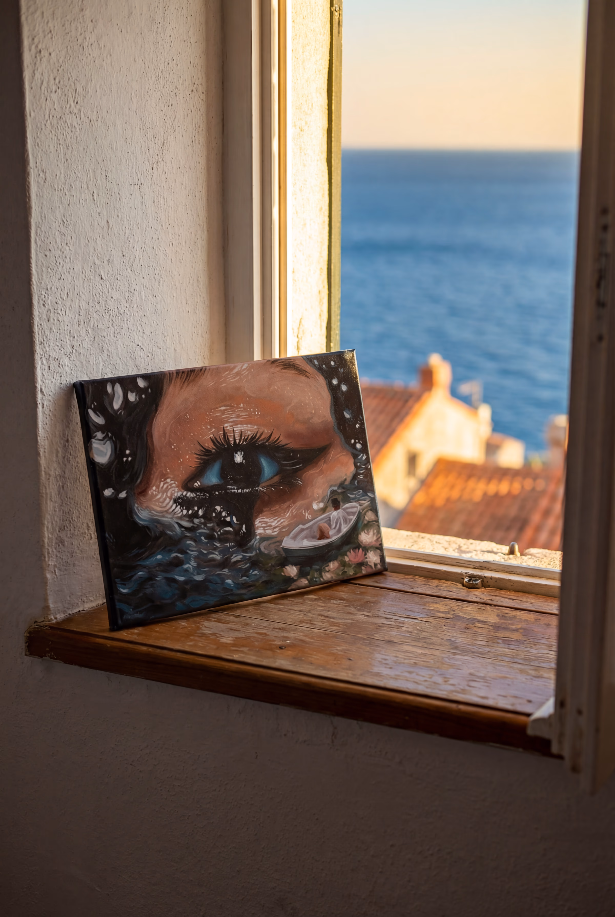 Oil painting 32x24cm — view through a window to the sea